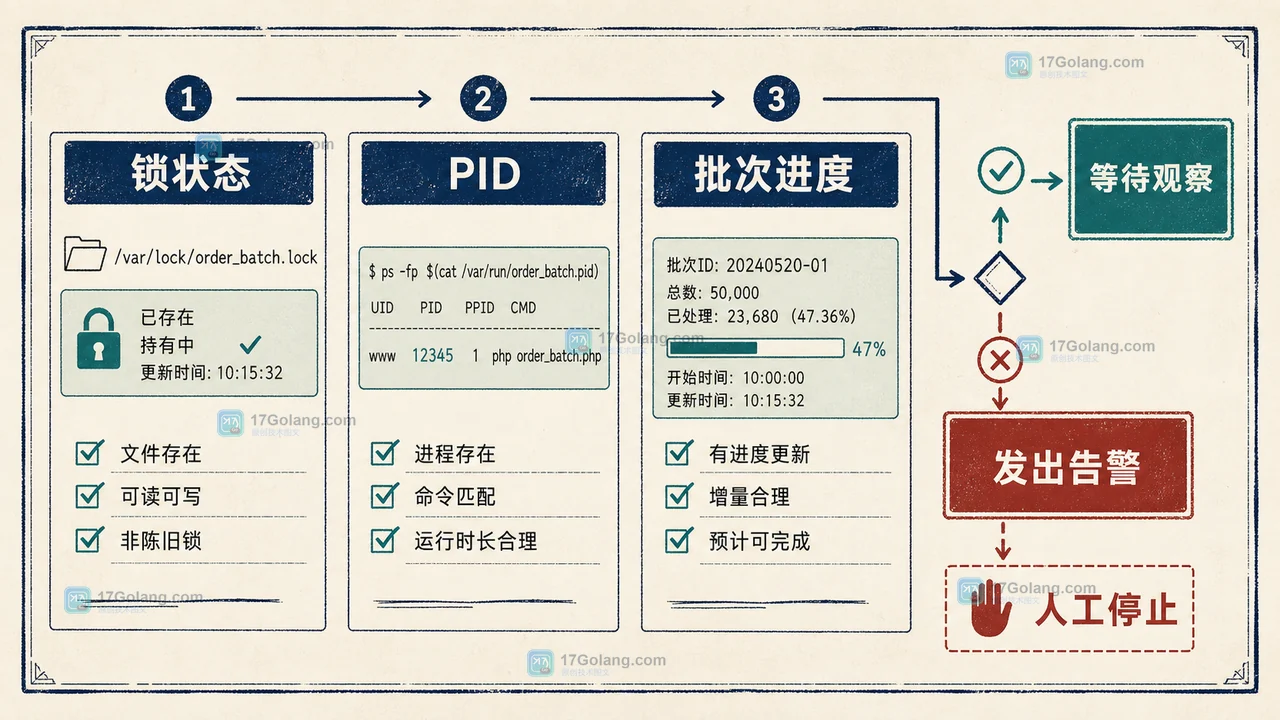 PHP 定时任务超时后,查看锁状态、PID、批次进度并决定等待、告警或人工停止的检查清单