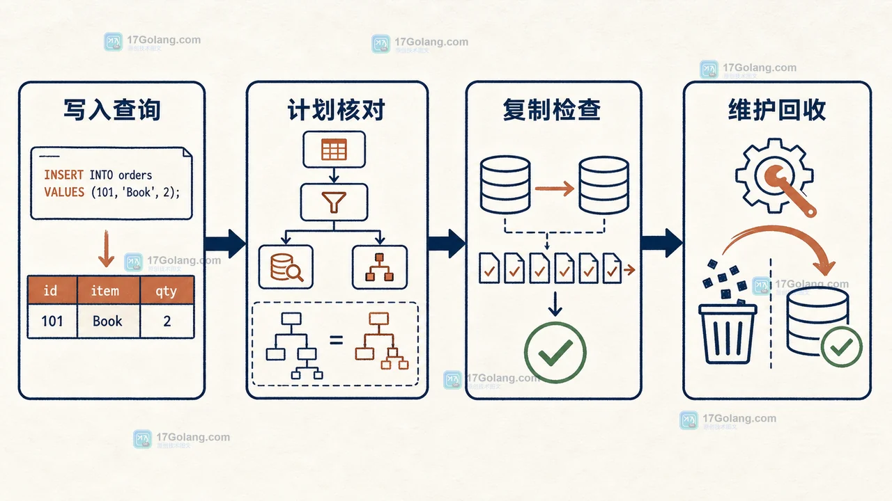 PostgreSQL 19 Beta 2 测试中,升级集群依次经过写入查询维护检查与问题回收的验收链路图