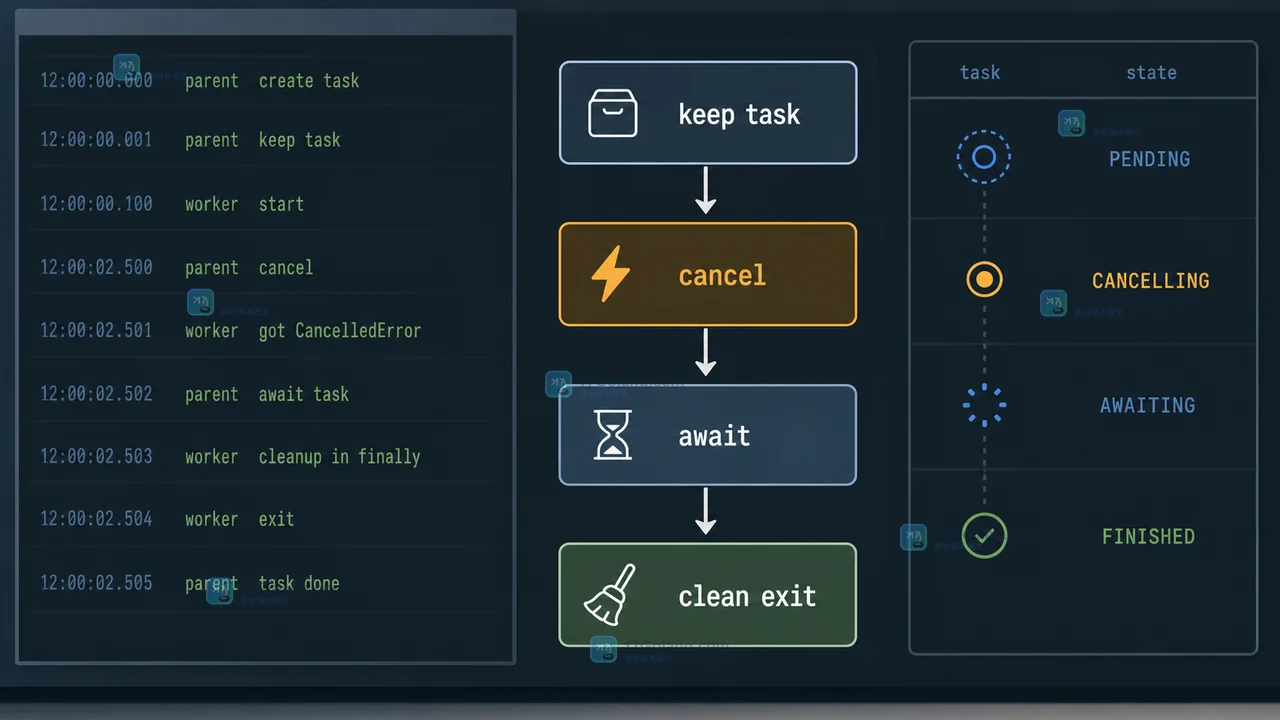 Python asyncio.create_task 取消后为什么还在跑：从引用丢失到任务收尾的故障复盘
