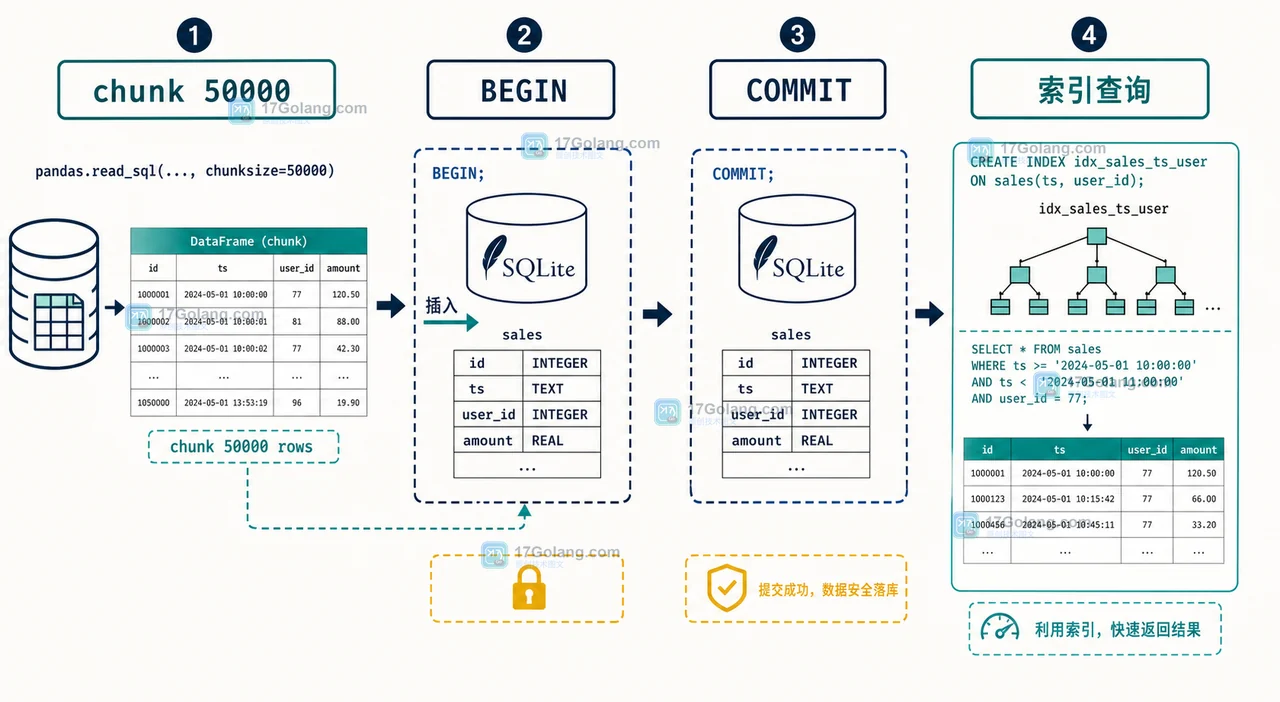 pandas 分块写入 SQLite：每块进入事务并提交，完成后通过索引查询金额和日期