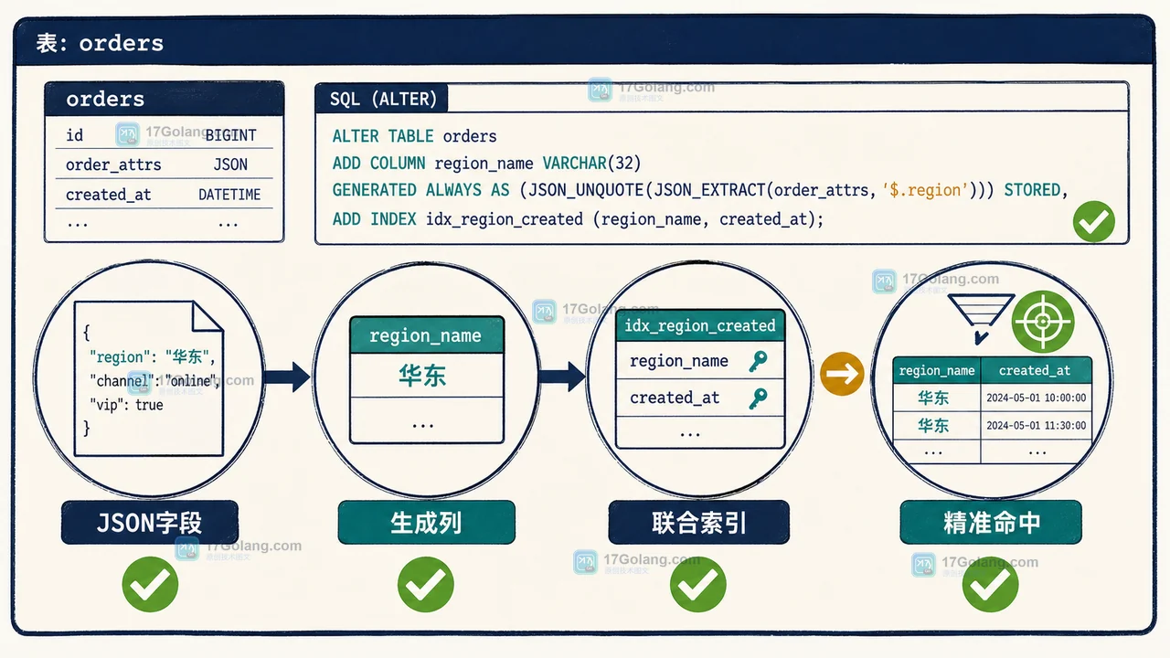 MySQL 生成列 region_name 与 idx_region_created 把华东和时间条件送入索引的优化路径示意图