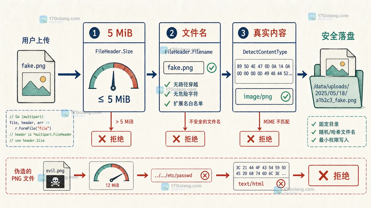 Go multipart 文件上传经过 FileHeader 大小、文件名和 DetectContentType 校验后才写入固定目录