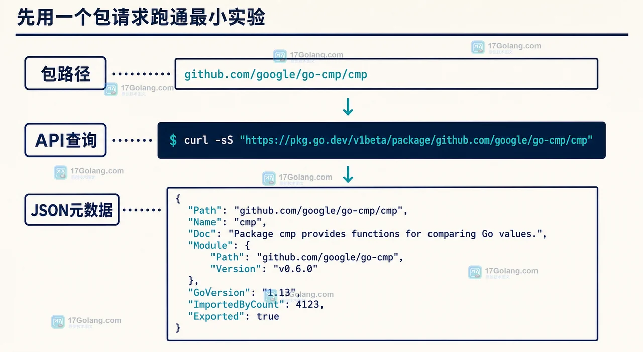 pkg.go.dev API 查询链路:包路径进入 v1beta 接口后返回结构化元数据