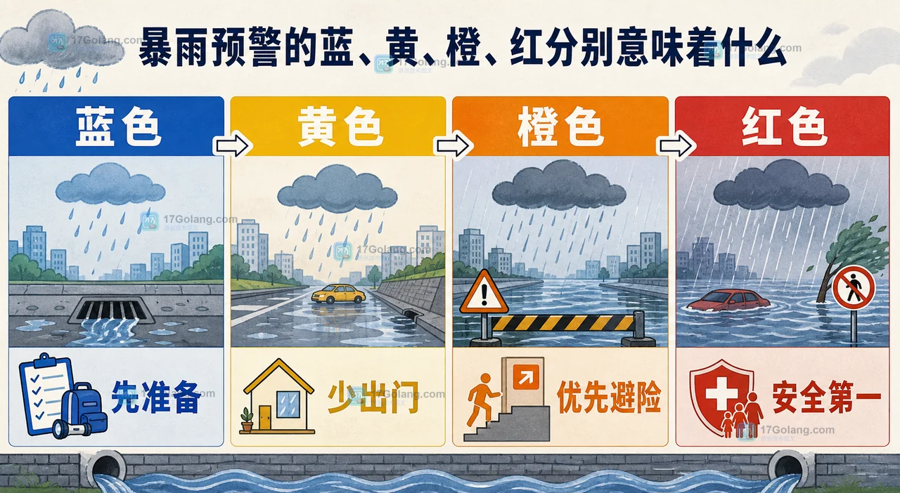 暴雨蓝黄橙红四级预警的紧急程度与普通人行动选择示意图
