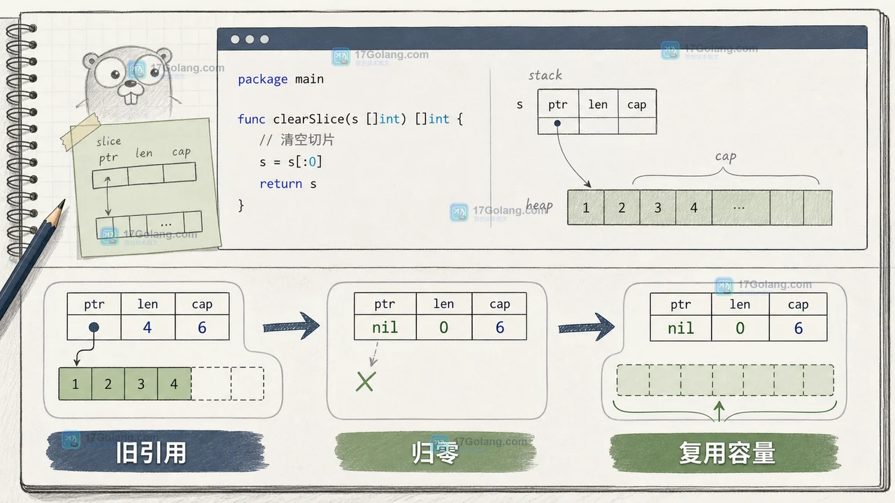 Go clear slice 复用边界:旧指针归零、长度归零与容量阈值的对照图