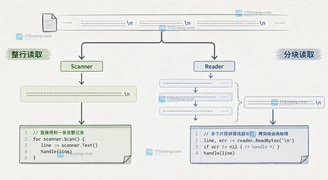 Go Scanner 与 bufio.Reader 在整行读取和分块拼接之间的选型证据示意