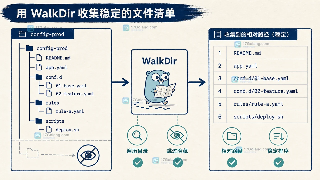 Go WalkDir 遍历 config-prod 目录并跳过隐藏条目后形成稳定的相对路径清单