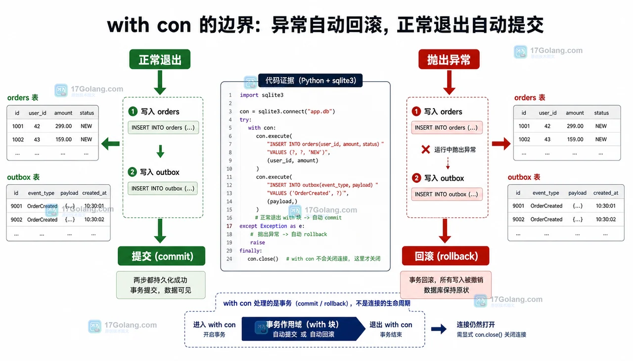 Python sqlite3 with con 代码块的正常提交与异常回滚对比，展示订单和 outbox 两步写入的边界