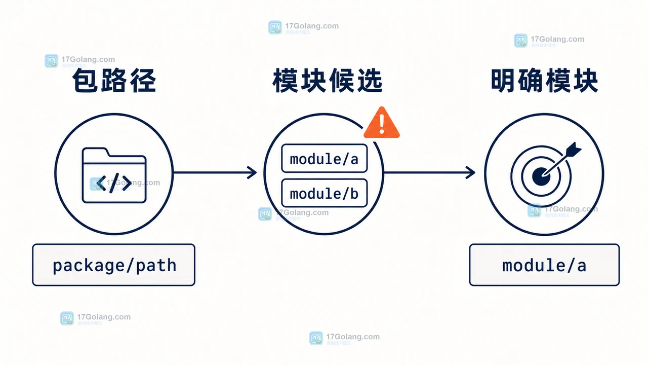 pkg.go.dev API 包路径歧义现场：包路径、模块候选与明确模块三个证据节点