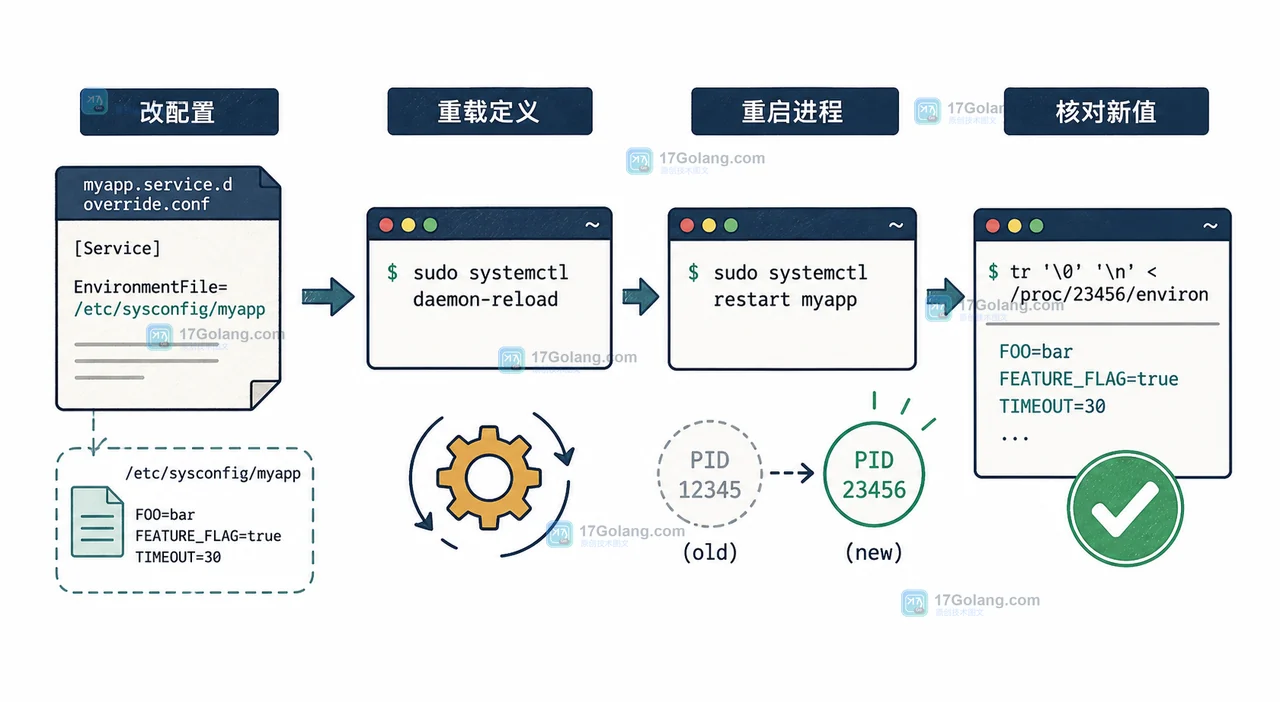 systemd 通过 daemon-reload、重启和进程环境核对完成配置切换的流程图