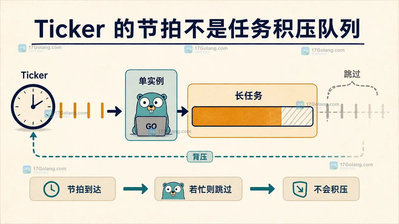 Go time.Ticker 节拍信号与长任务处理之间的单实例背压关系示意图