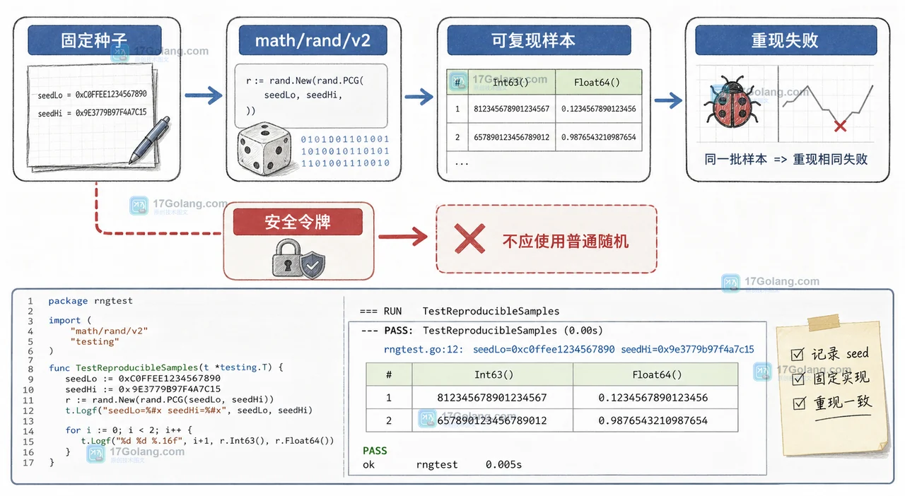 Go math/rand/v2 的可复现抽样路径,固定种子得到相同样本并与安全令牌路径分开