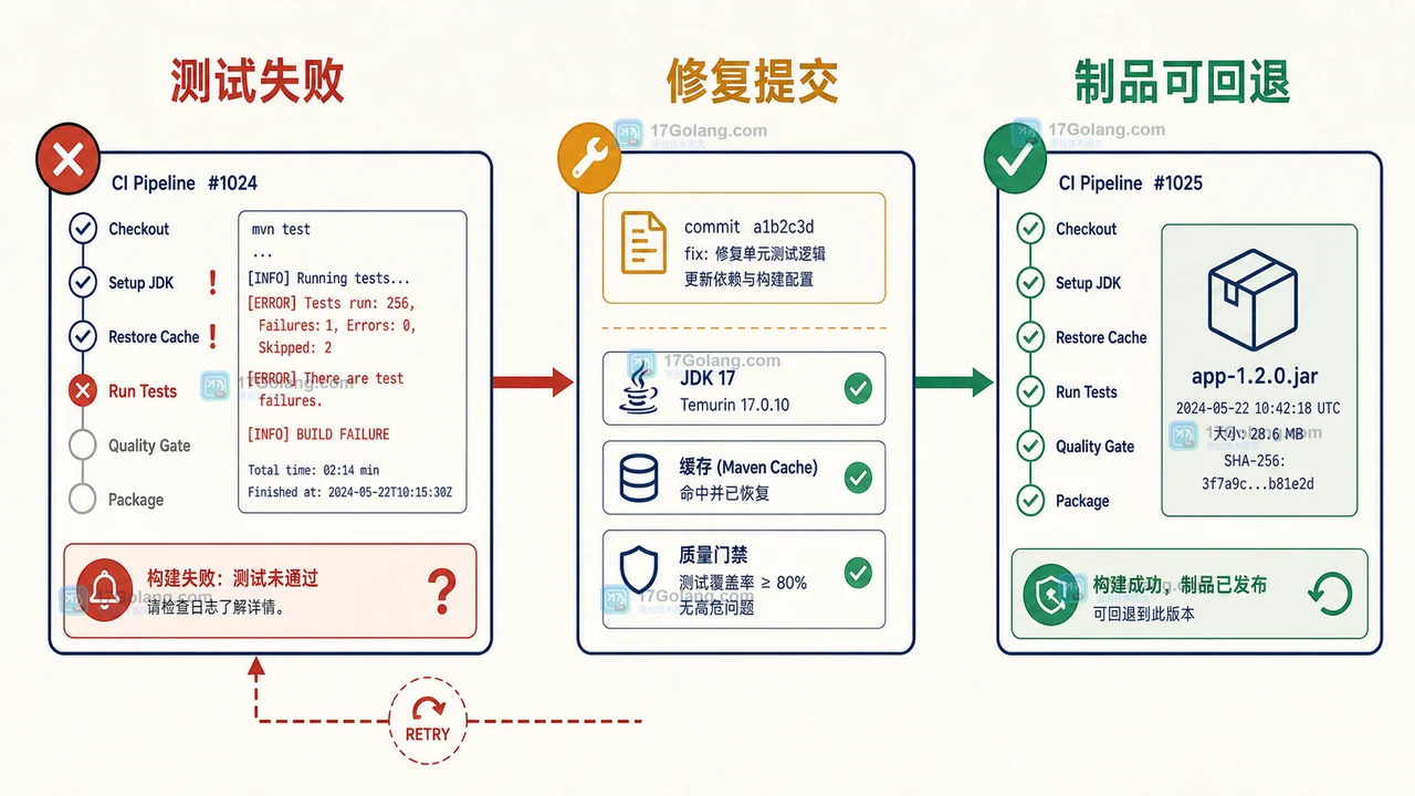 Java Maven 构建流水线怎么避免本地能过、CI 失败：JDK 矩阵、依赖缓存与质量门禁