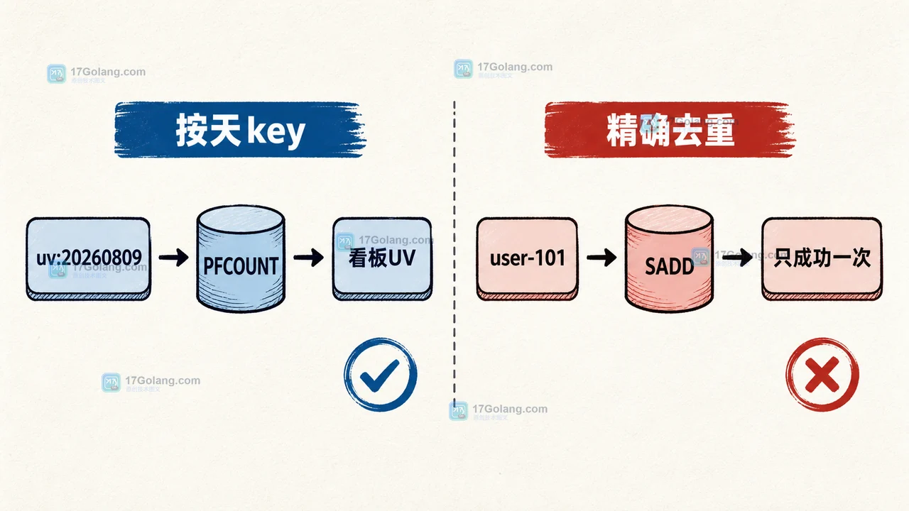 Redis HyperLogLog 按天统计 UV 与 Set 精确判断领取资格的分工流程