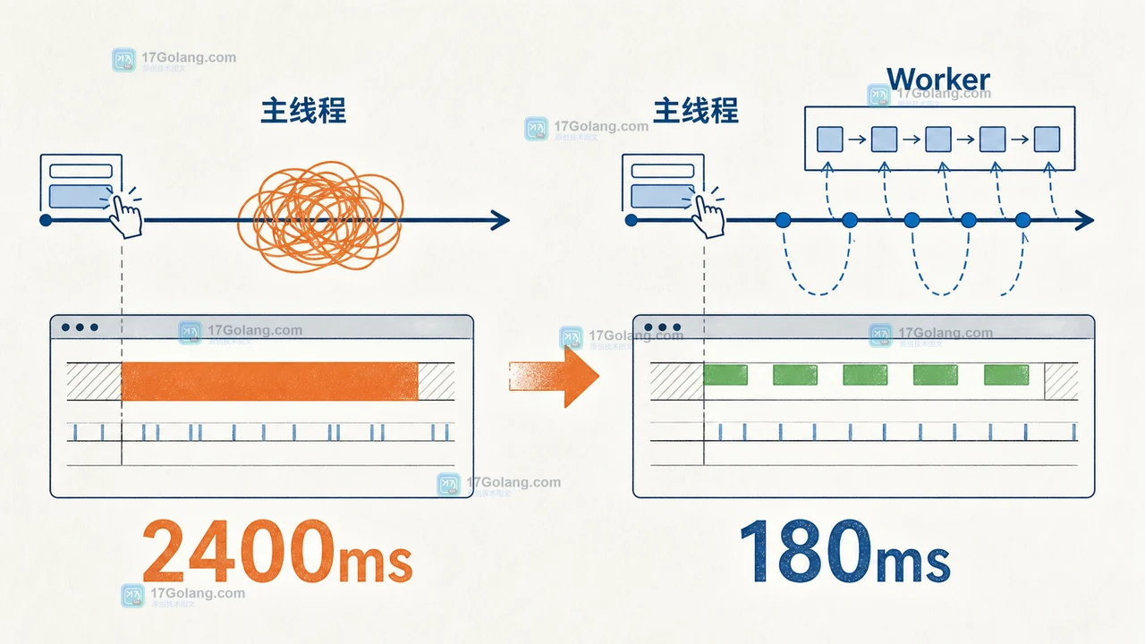 前端 CSV 导入从主线程触发到 Web Worker 分片校验的前后耗时对比