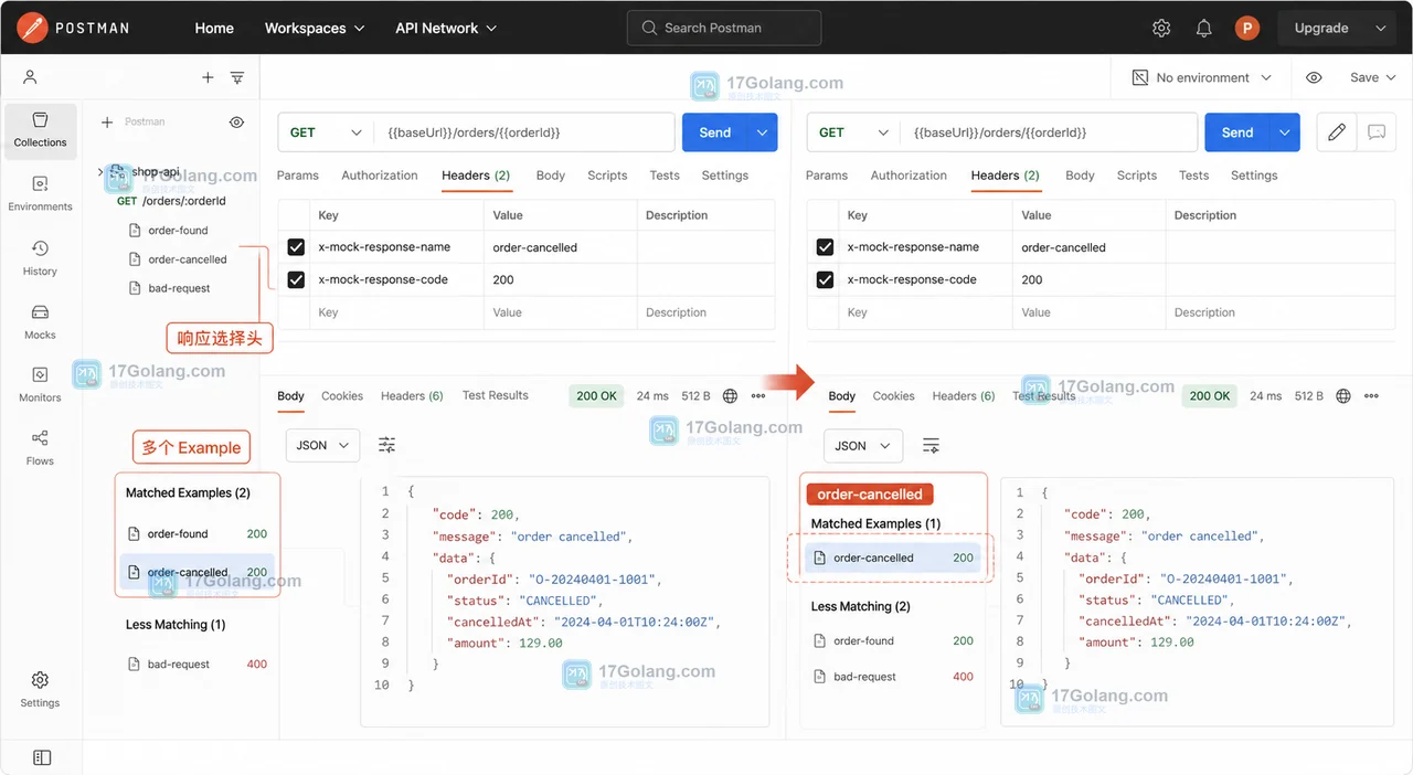 Postman Mock Server 通过路径变量、响应选择头和状态码核对指定 Example