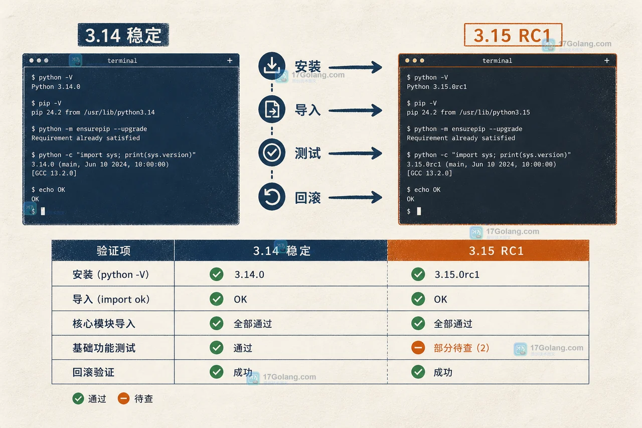 Python 3.14 与 3.15 RC1 并行验证安装、导入、测试和回滚证据的工程流程条插画