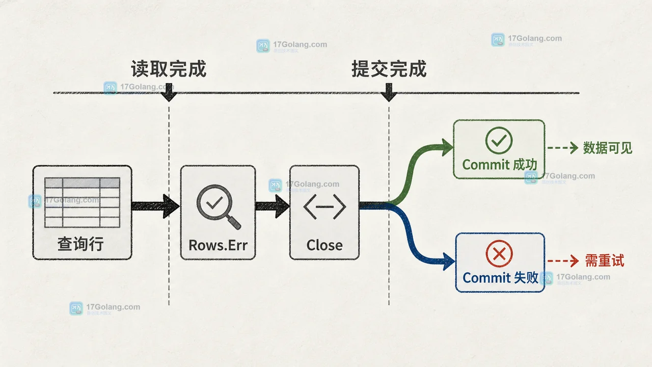 Go database/sql 事务中 Rows.Close、Rows.Err 与 tx.Commit 的收尾边界,展示读取成功但提交失败的分叉