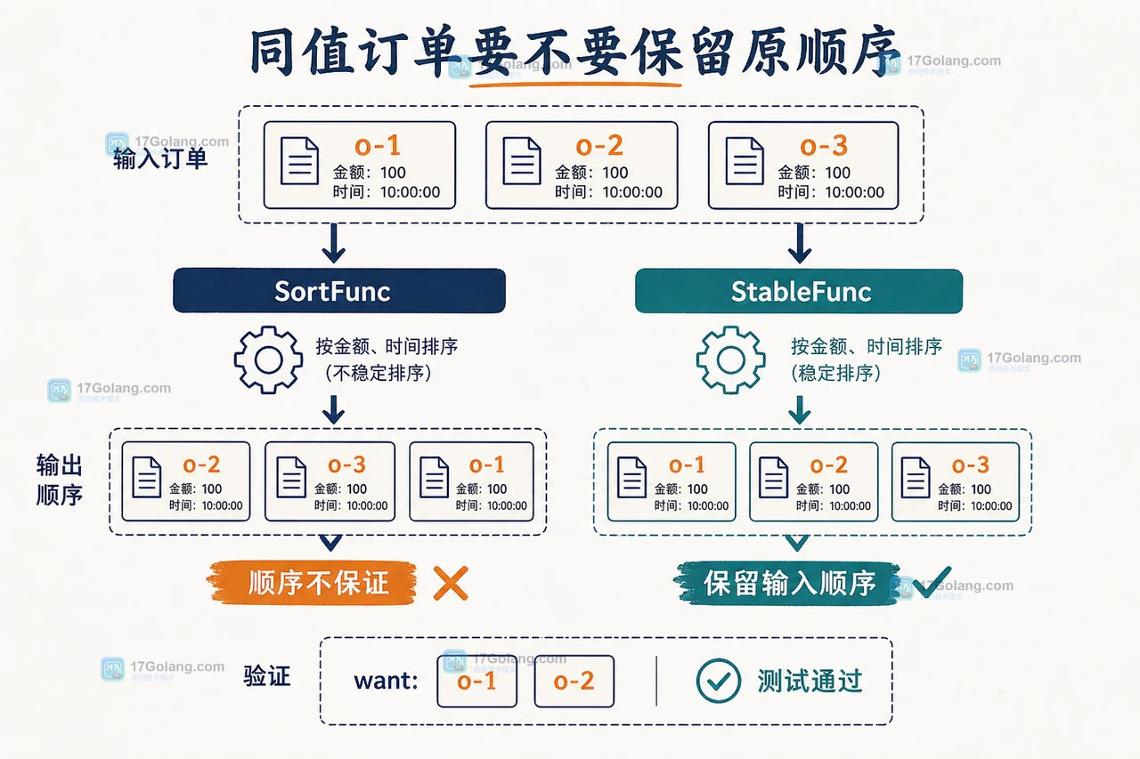 Go SortFunc 与 SortStableFunc 的排序结果验收:同金额同时间订单保留或改变原始 ID 顺序