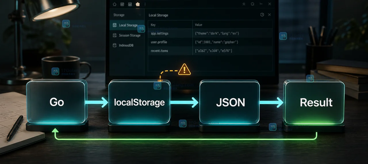 Go 通过 syscall/js 调用 localStorage,将 JSON 设置读取并返回结果或浏览器存储异常的流程条