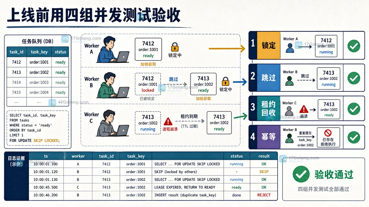 MySQL 8.0 SKIP LOCKED 怎么做任务抢占：锁范围、空队列与重复消费验收