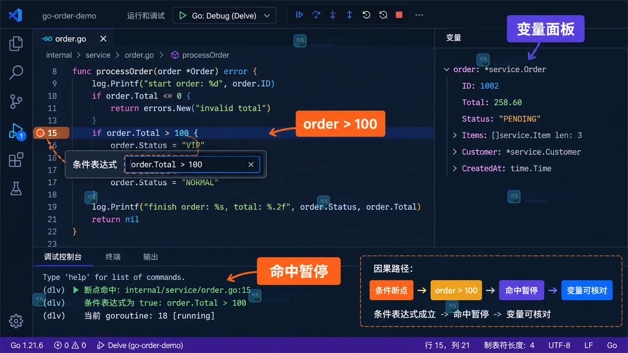 VS Code Go 调试怎么配置：launch.json、条件断点与 Delve 参数