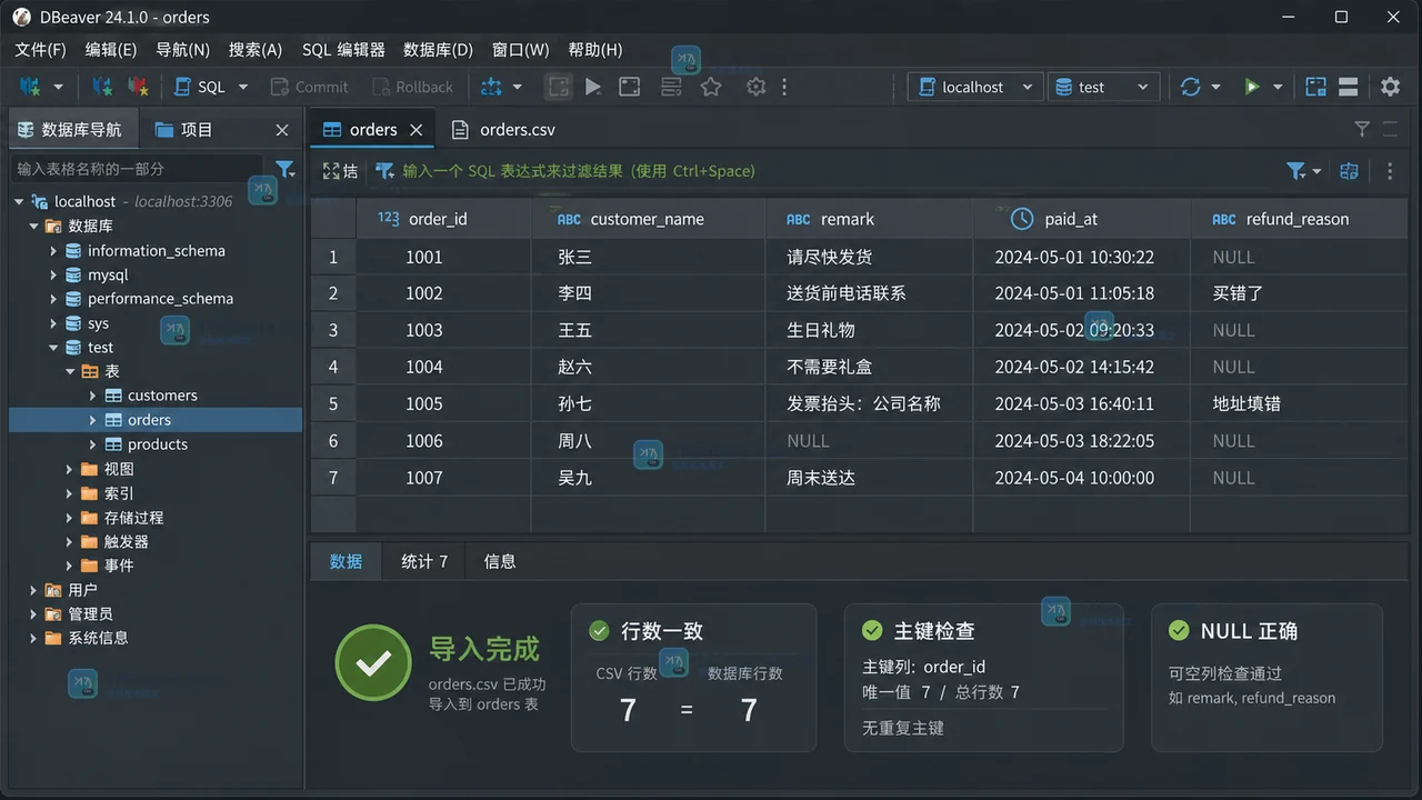 DBeaver CSV 导入现有表实战：列映射、NULL 标记与行数验收