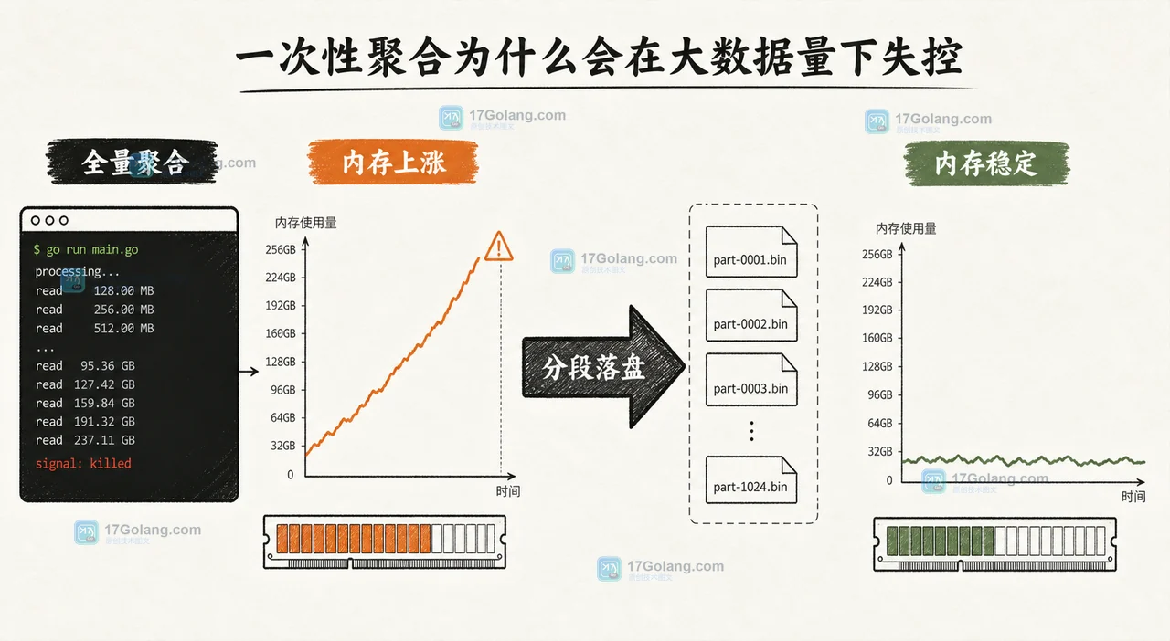 Go 批量导出如何避免结果归并拖垮内存：分段文件、排序归并与断点续写