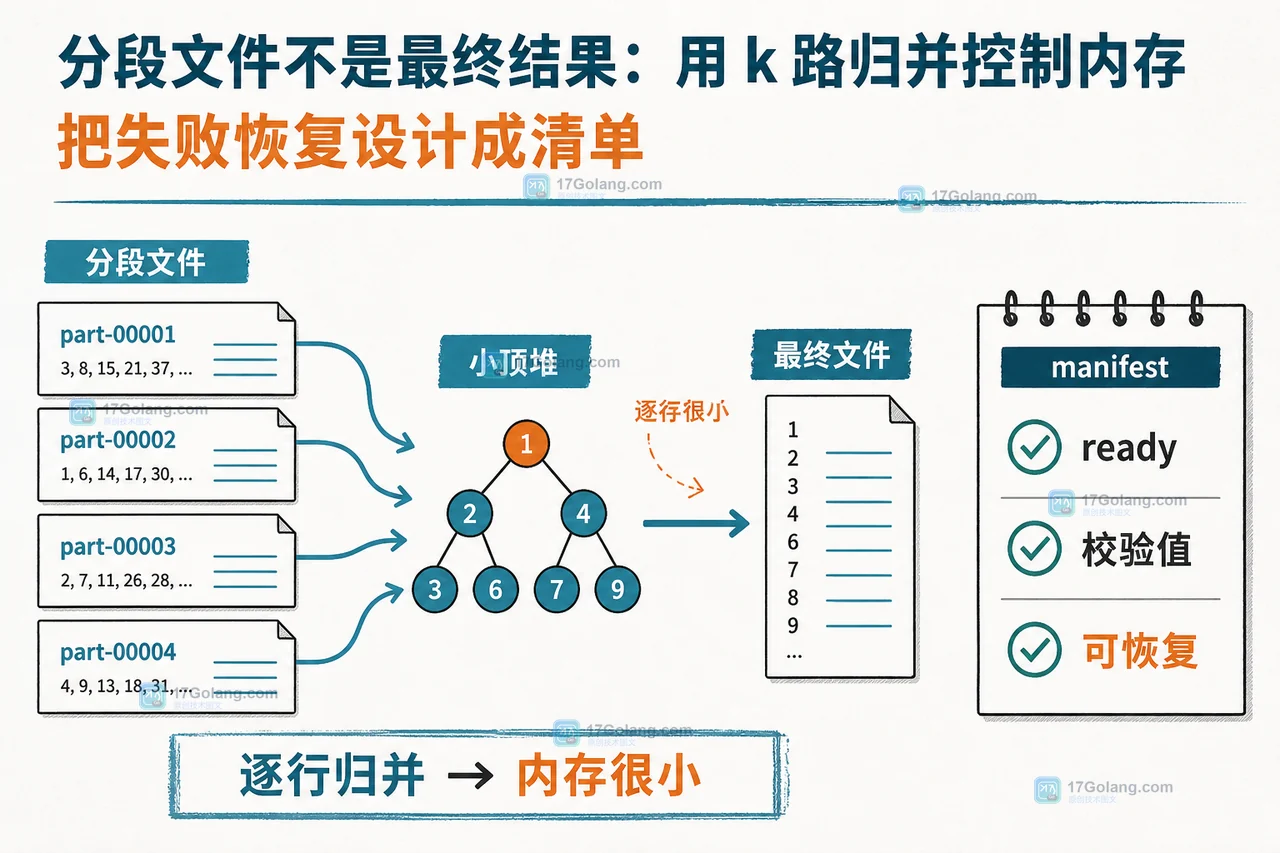 多个已排序 Go 分段文件通过小顶堆逐行归并到最终导出文件的流程插画