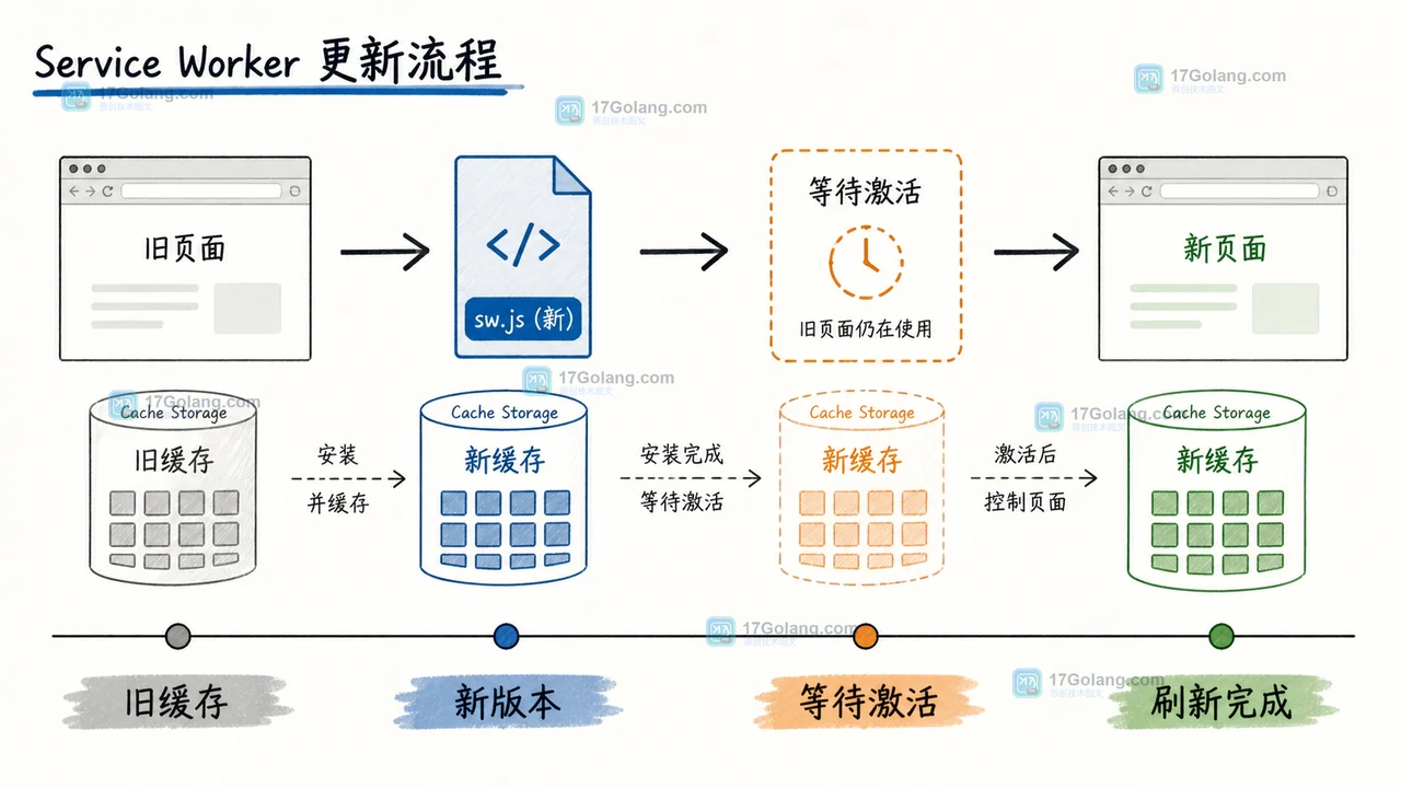 Service Worker 从旧缓存到新版本、等待激活再到刷新完成的数据生命周期示意图