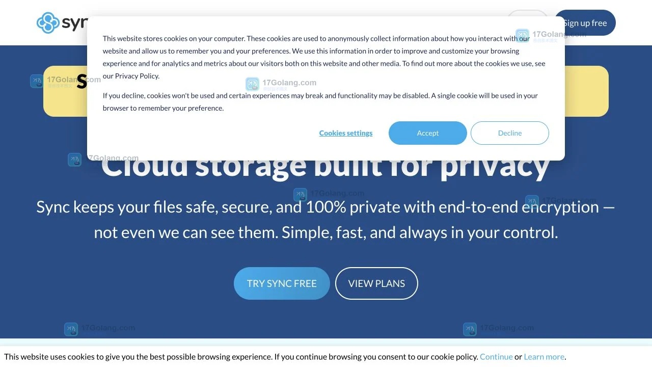 Sync.com官方主页的Sign in、Download和Help center入口及域名核验位置