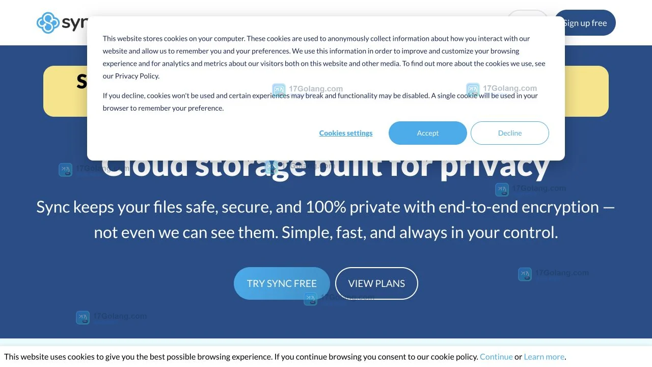 Sync.com官方主页显示Sign in和Download入口,用于选择网页版或桌面端