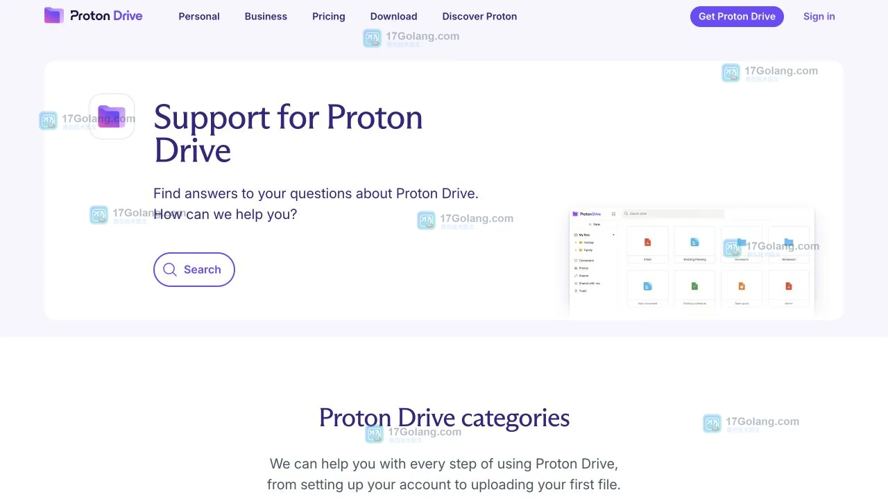 Proton Drive官方Support页面展示入门、桌面应用和移动应用分类