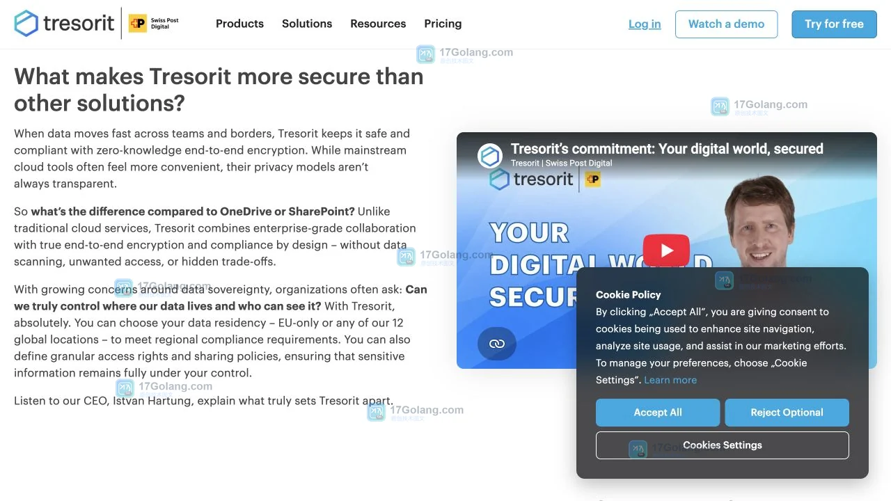 Tresorit官方主页展示Log in、Products和Resources入口用于网页与客户端切换