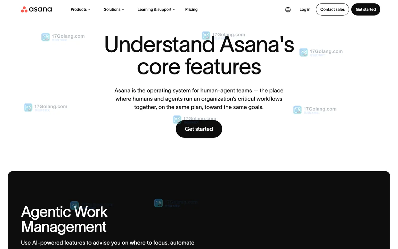 Asana 官方功能页面展示项目管理、任务和工作视图入口