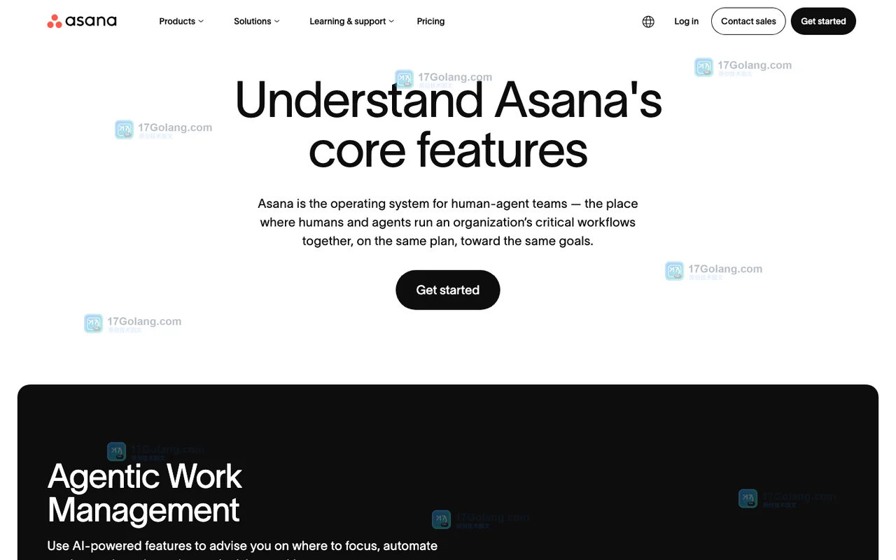 Asana 官方主页展示登录、开始使用和进入工作区的网页版入口