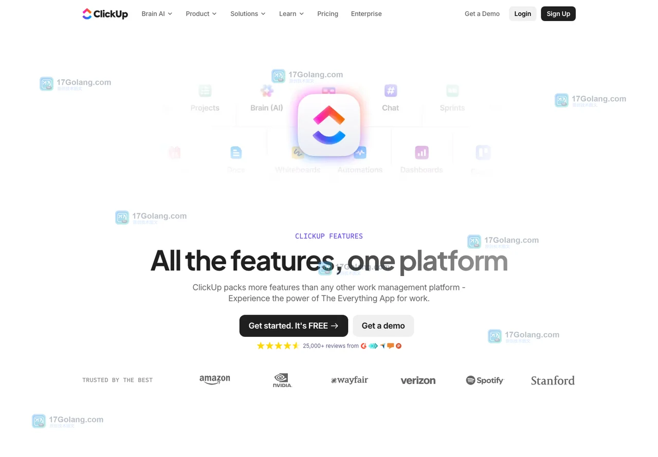 ClickUp 官方功能页，展示任务项目、协作和多种工作视图入口