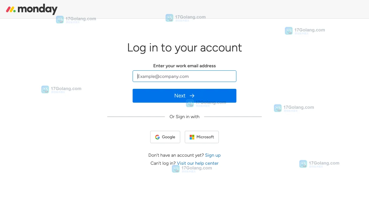 Monday.com官方登录页展示工作邮箱、Google和Microsoft登录入口