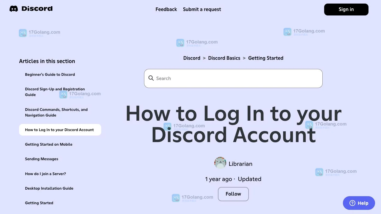 Discord 官方帮助中心登录教程页面,展示浏览器登录与账号安全核对入口
