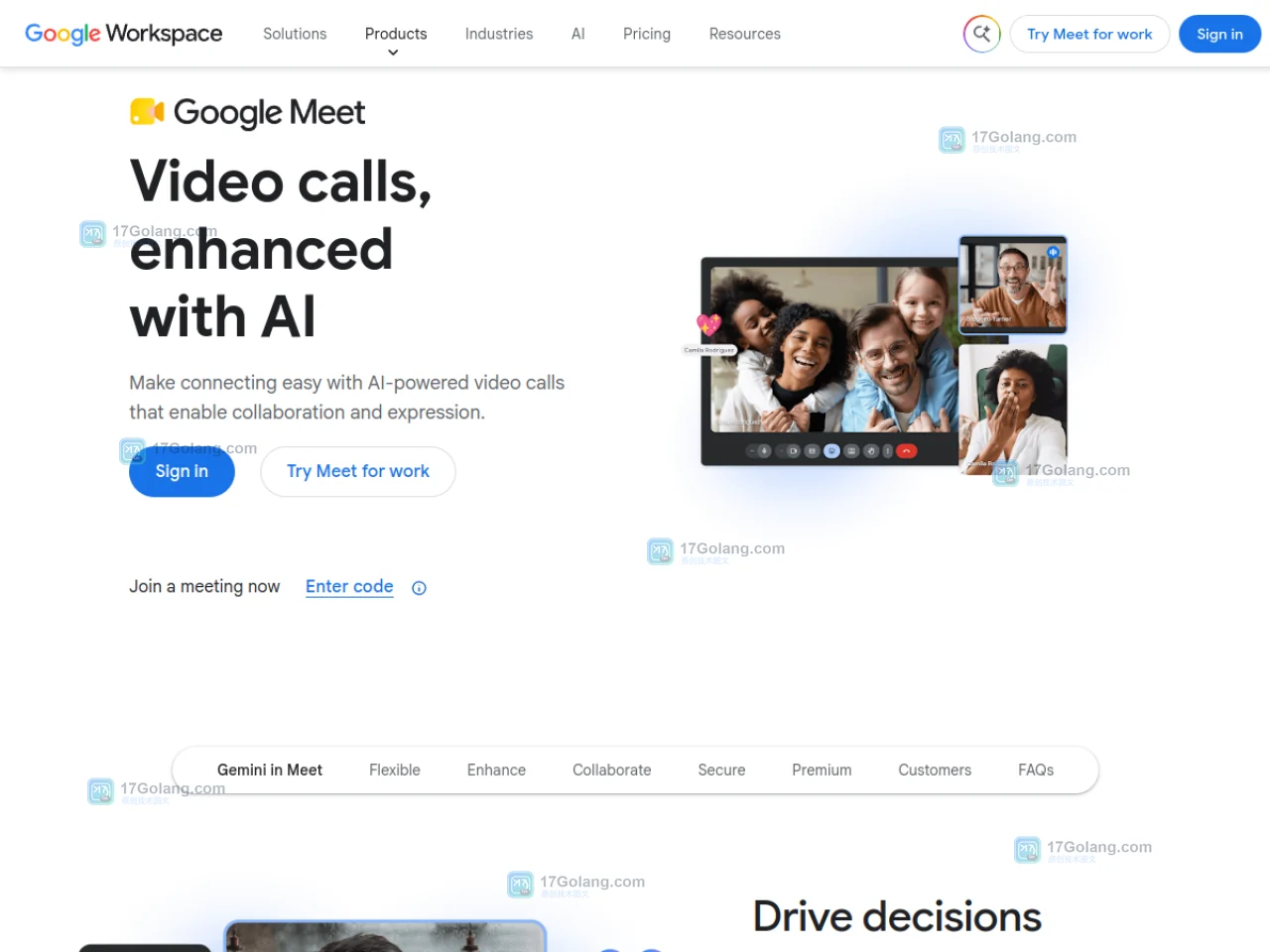 Google Workspace官方Google Meet页面,展示登录、工作版入口和输入会议代码位置