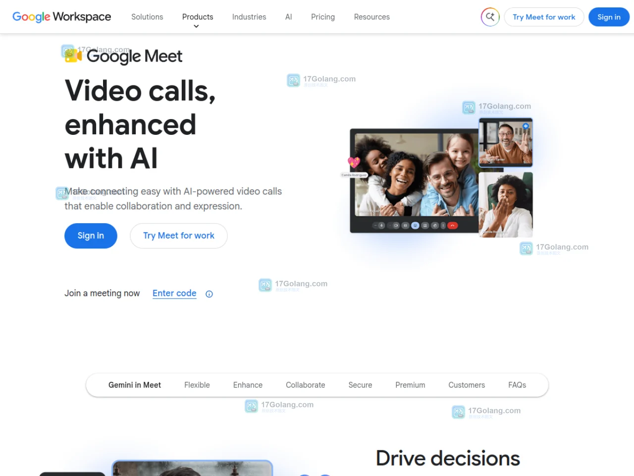 Google Workspace 官方 Google Meet 页面展示浏览器参会、会议代码与登录入口