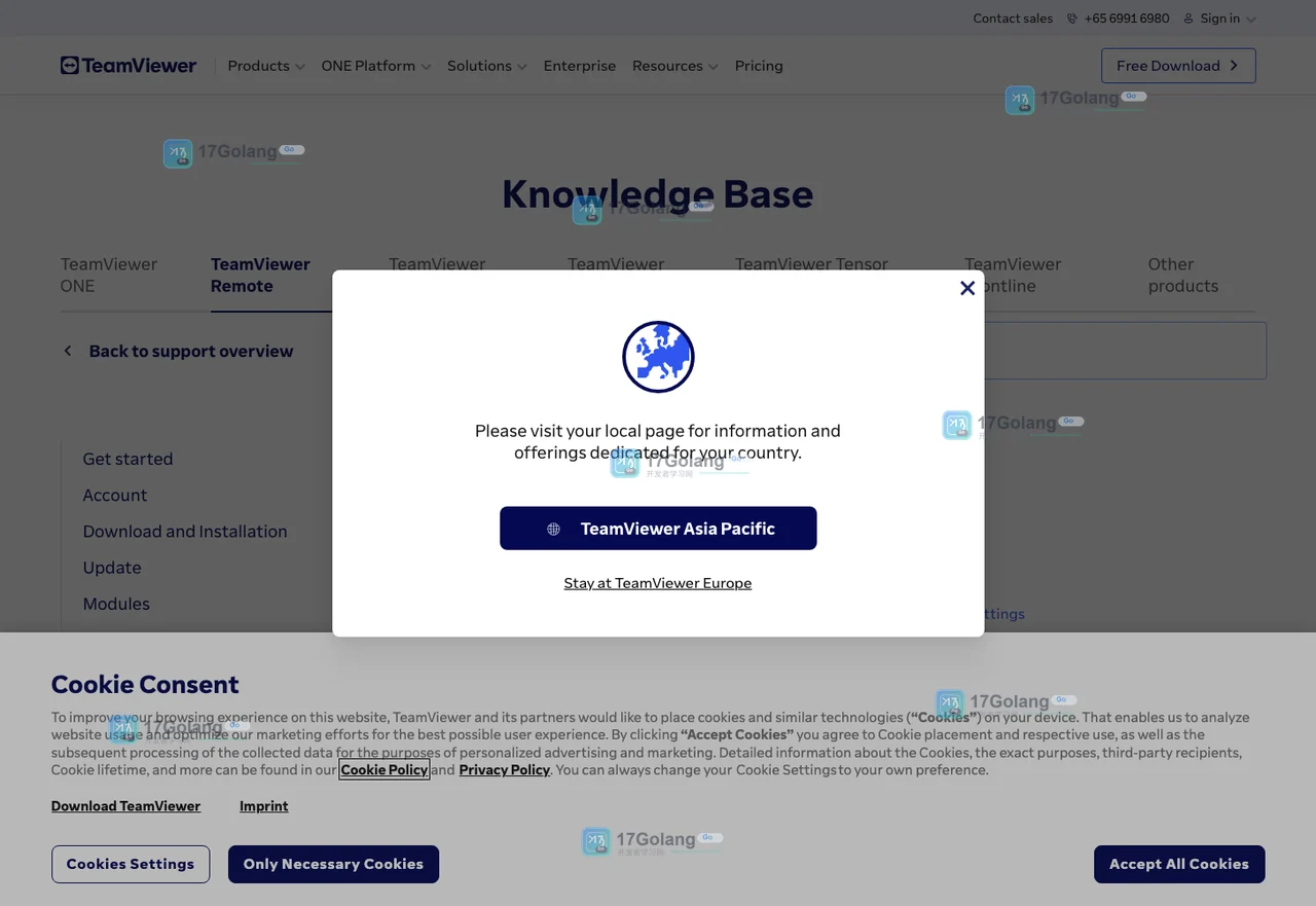 TeamViewer Remote官方Knowledge Base真实页面,展示Get started、Account和Download and Installation栏目