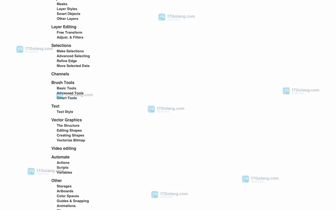 Photopea 官方 Learn 页面真实截图,展示 Workspace、Layers、Text 与 Vector Graphics 等主题入口