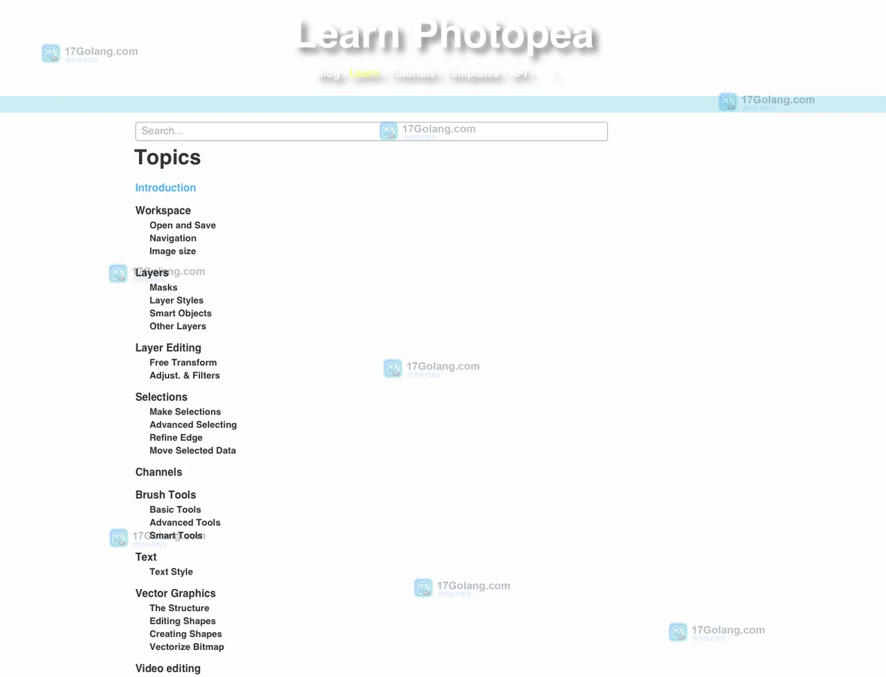 Photopea 官方 Learn 页面真实截图,展示教程搜索框、Introduction 和 Workspace 主题导航