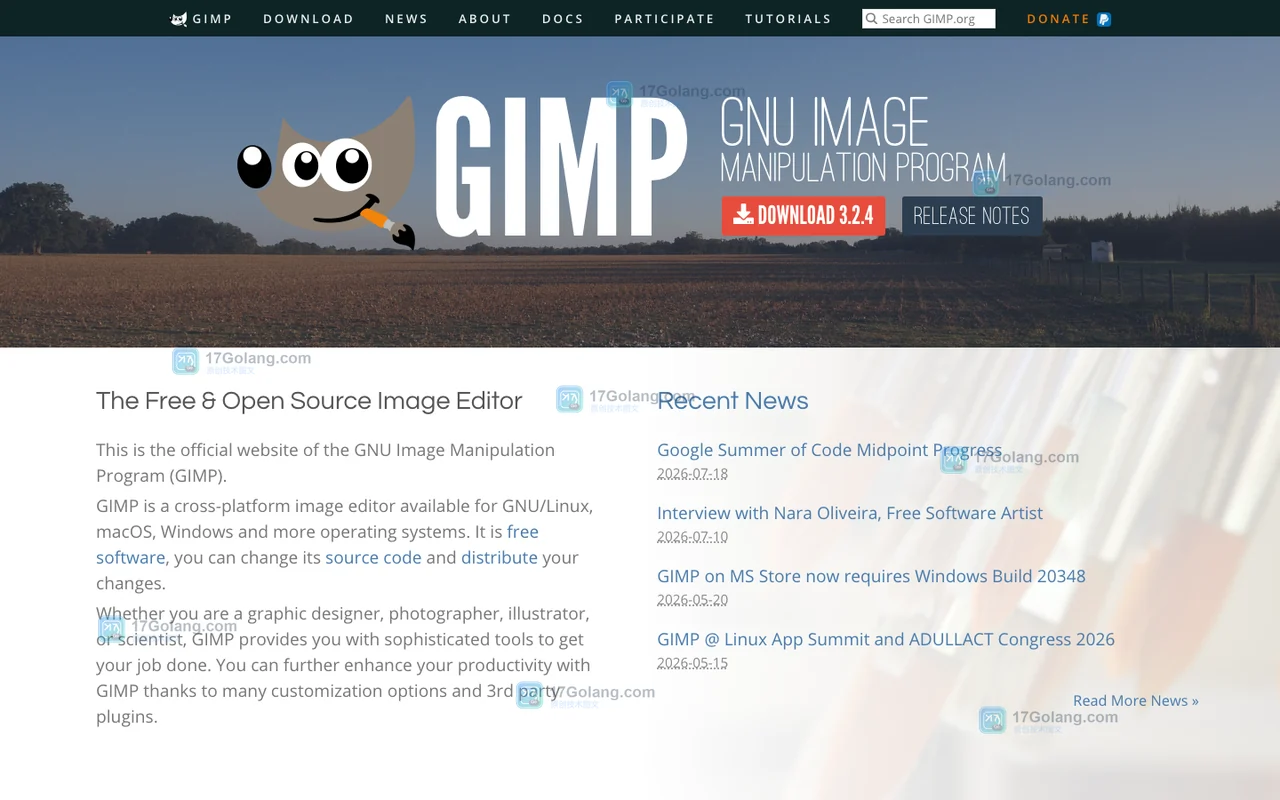 GIMP 官方主页展示 GNU Image Manipulation Program、跨平台图像编辑定位和 Download 入口