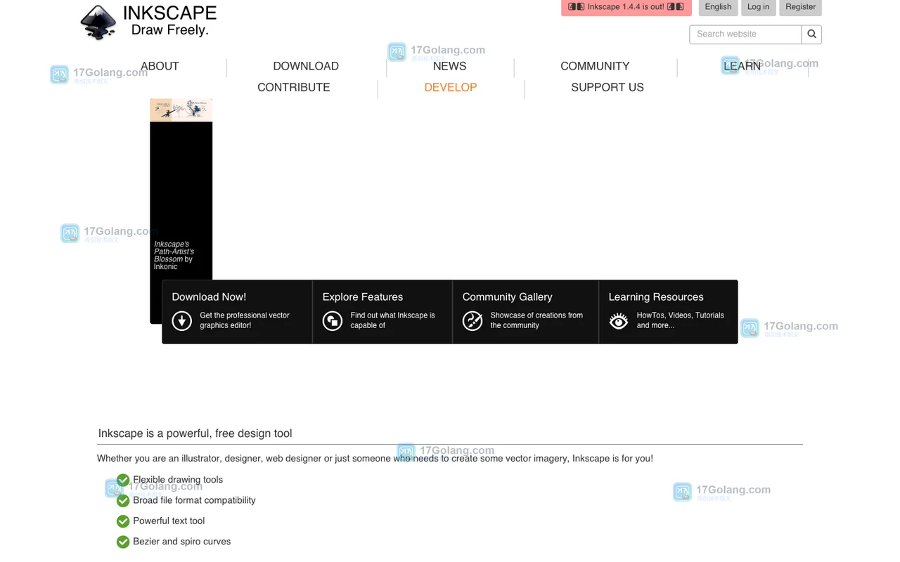 Inkscape 官方主页展示矢量设计定位、Download 入口与学习资源