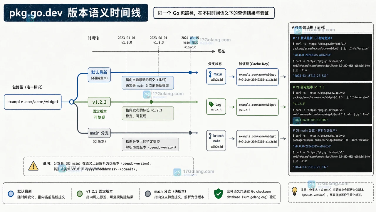 pkg.go.dev API 查询包路径时从默认最新版本分流到语义版本或 main 分支的时间线