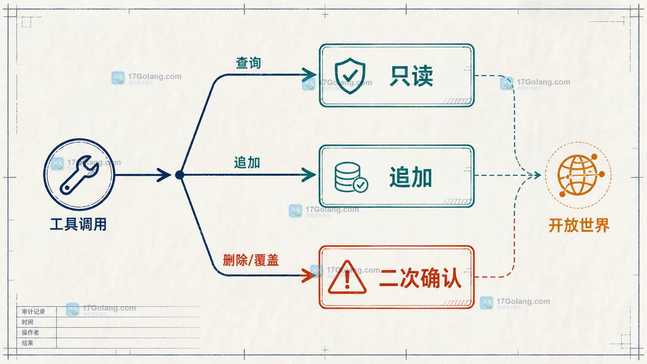 MCP destructiveHint 风险分支图:查询与追加走低风险路径,覆盖、删除和外部写入进入二次确认与权限检查