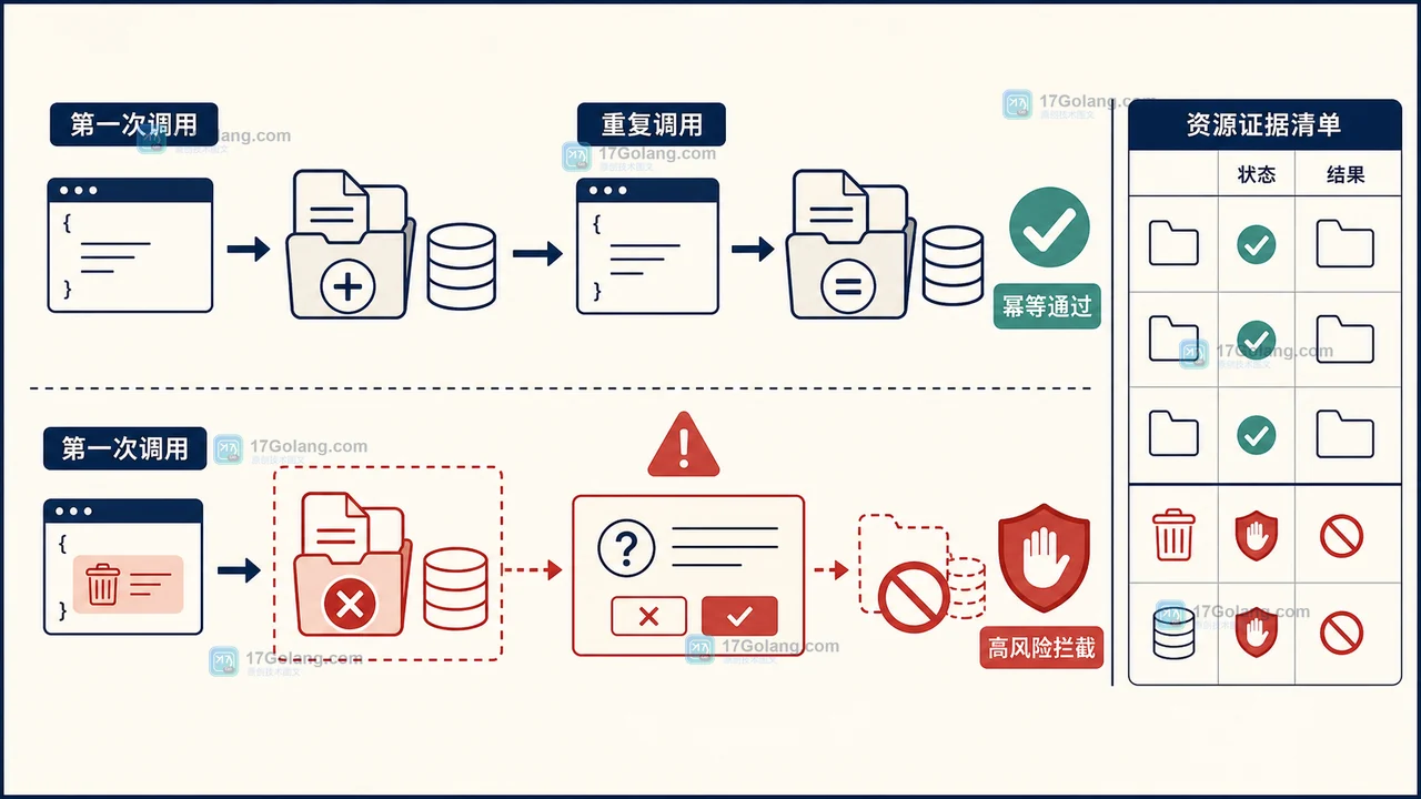MCP destructiveHint 风险分支图：查询与追加走低风险路径，覆盖、删除和外部写入进入二次确认与权限检查