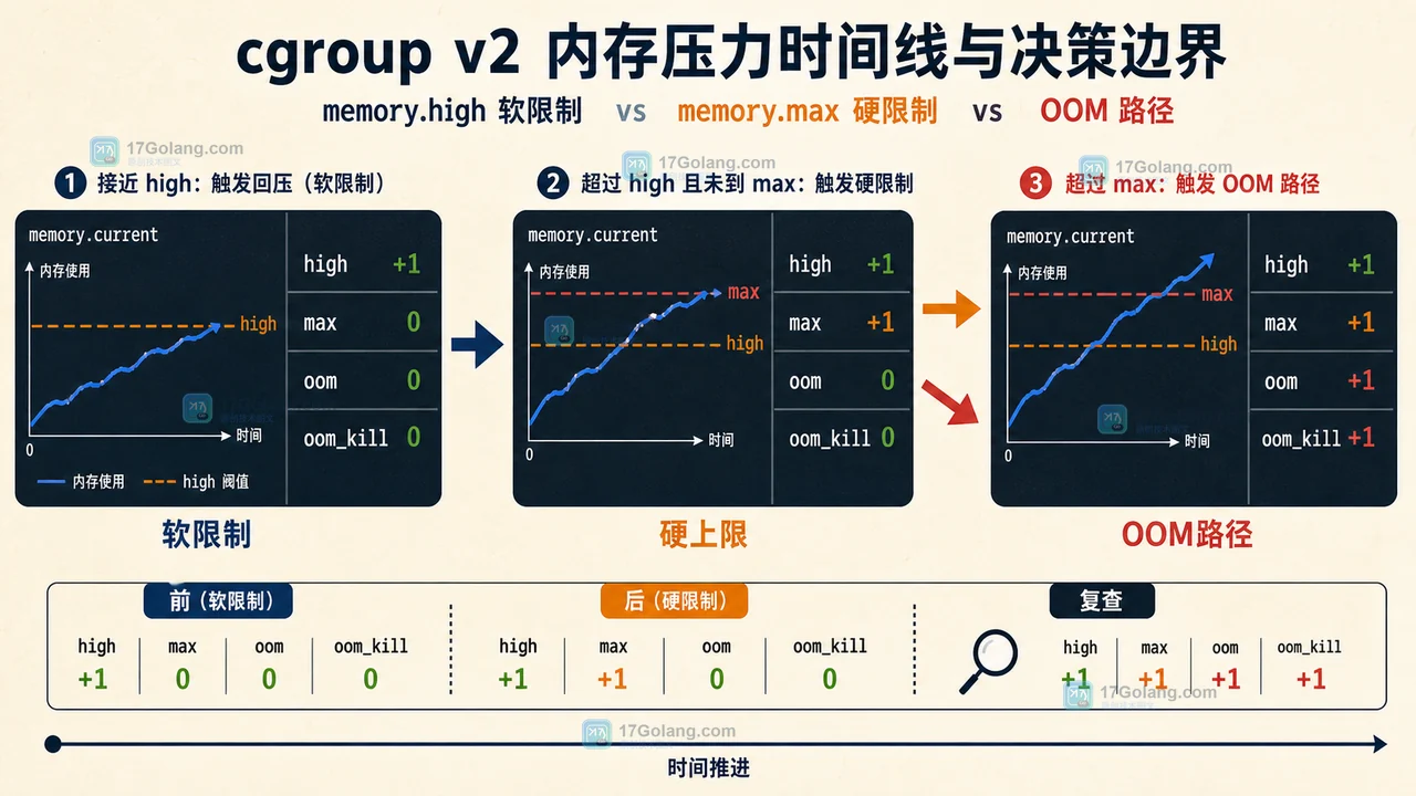 cgroup v2 内存曲线在 memory.max 前触发 memory.high 压力,变更后复查 max 与 oom 计数的前后对照